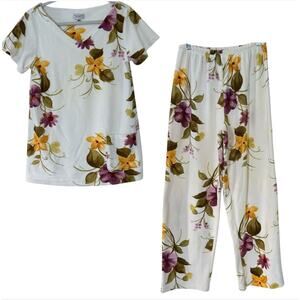 Anne Lewin New York VTG Pajama Set Women’s Small Top & Pant Floral White Purple